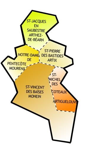 carte du Doyenné du Bassiin de Lacq dans lequel se trouve la paroisse Saint-Vincent des Baïses