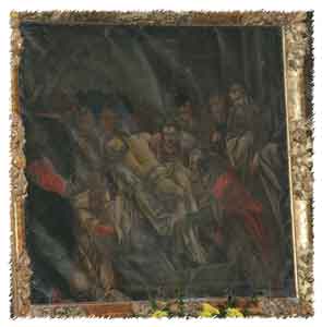 Photo du tableau gauche du rétable de l'église de Monein représentant l’ensevelissement de Jésus (Pierre-Claude Perruche) 